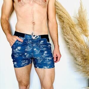 MENS TADLEE Blue Black Palm Tropical Swim Trunks Shorts 5" Inseam Swimsuit M